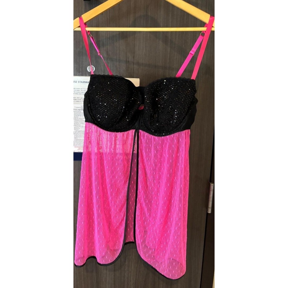 Cacique‎ Babydoll Camisole 18/20 Sequin Sheer Hem Spaghetti Strap Black Pink